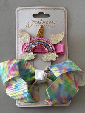 Princess Accessories Unicorn Hair Clip & Rainbow Bow Set Girls Glitter
